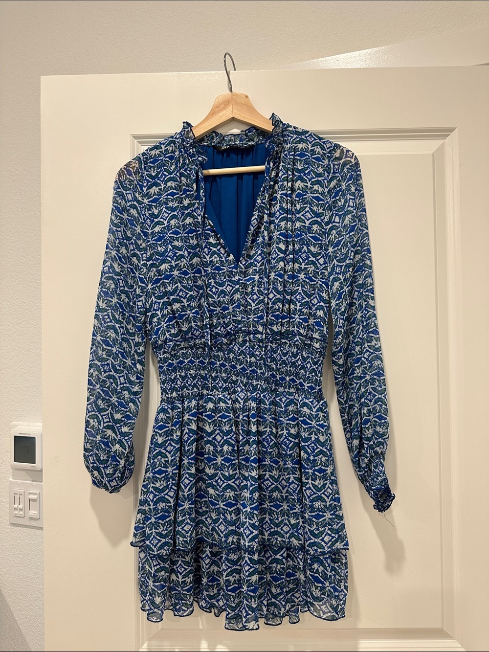 Zara Blue Printed Long-Sleeve Smocked Waist Dress